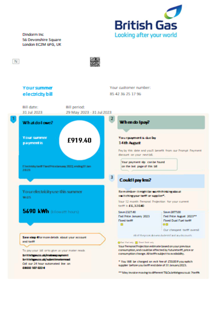 British gas electricity utility business bill SCR PSD template